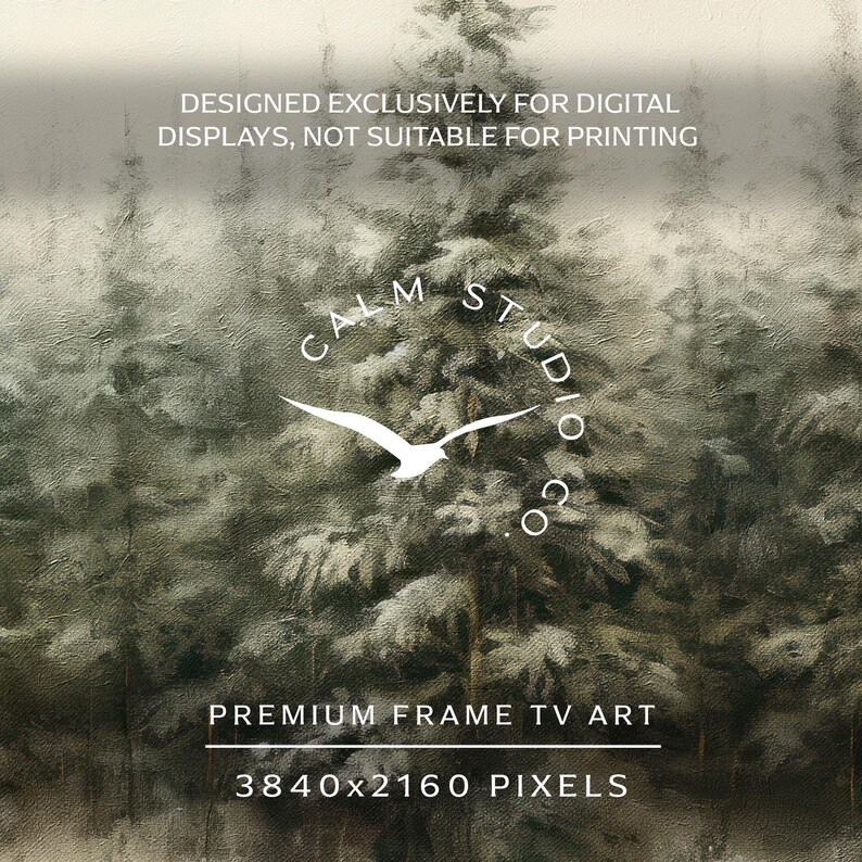 Puede incluir: Una impresi&oacute;n de arte digital que presenta una escena de bosque invernal con &aacute;rboles cubiertos de nieve en tonos grises y verdes. La imagen incluye el texto "CALM STUDIO CO" y "PREMIUM FRAME TV ART". La resoluci&oacute;n es de 3840x2160 p&iacute;xeles.