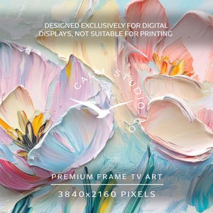 May include: Close-up of a digital painting of large, abstract flowers in pastel colors. The petals are textured with visible brushstrokes in shades of pink, blue, yellow, and peach. Text includes "CALM STUDIO CO" and "PREMIUM FRAME TV ART".