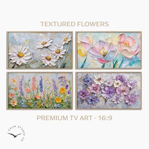 May include: Four framed floral art pieces. The top left features white daisies with yellow centers. The top right shows pink and yellow tulips. The bottom left displays a field of colorful wildflowers. The bottom right has purple and white flowers. The text "TEXTURED FLOWERS" and "PREMIUM TV ART - 16:9" are visible.