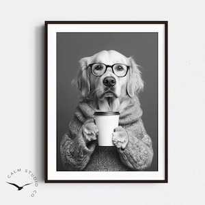 Golden Retriever Coffee Lover Wallart, Black and White Print, Dogs Lovers Gift, Funny Dog Poster, Kitchen Wall Decor, Dog Owner Gift, S111