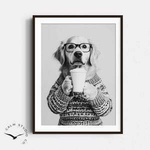 Golden Retriever Coffee Lover Wallart, Black and White Print, Dogs Lovers Gift, Funny Dog Poster, Kitchen Wall Decor, Dog Owner Gift, S113