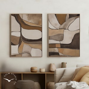 Conjunto de 2 impressões escandinavas neutras Japandi, arte de parede abstrata bege marrom, pôsteres digitais japoneses modernos minimalistas Wabi Sabi, S78