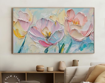 Abstract Floral Frame TV Art, 3D Textured Impasto Flowers, Pastel Oil Painting, Neutral Farmhouse Decor, 4K Digital Download Screensaver, 15