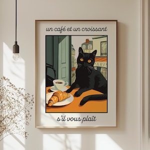 黒猫のコーヒー愛好家の壁アート、フランスのクロワッサン芸術的なレトロポスター、パリのカフェの面白いバーカートの壁装飾、風変わりなキッチンアートデジタル、S88