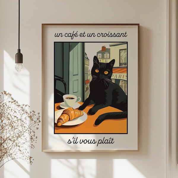 Black Cat Coffee Lover Wall Art, French Croissant Artful Retro Poster, Paris Cafe Funny Bar Cart Wall Decor, Quirky Kitchen Art DIGITAL, S88