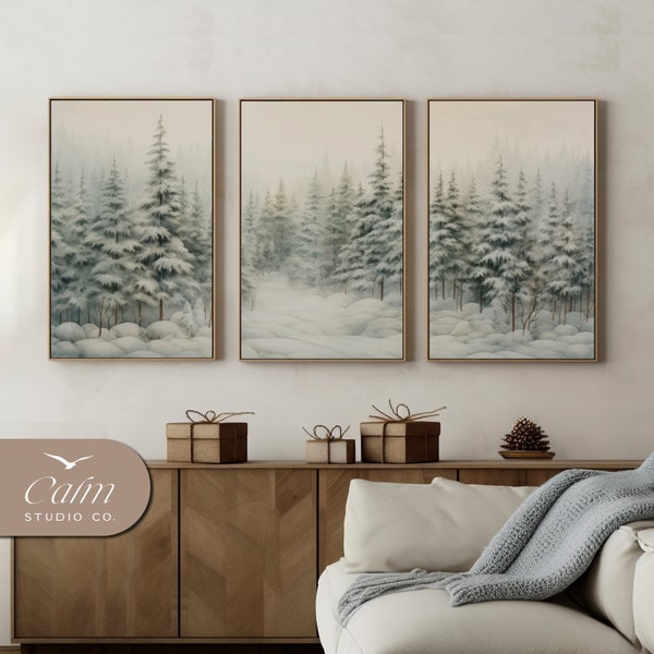 Winter Forest Printful Christmas Wallart, Nature Landscape Print Set Of 3, Nordic Christmas Tree Digital Download | S3-17