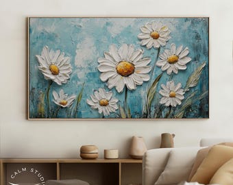 White Daisy Frame TV Art, Spring Summer Floral Artful TV Screensaver, Textured Blue Flower Samsung Frame Art, TV13