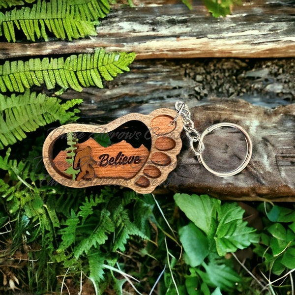 Believe in Bigfoot/Sasquatch Laser cut hand stained and painted Keychain