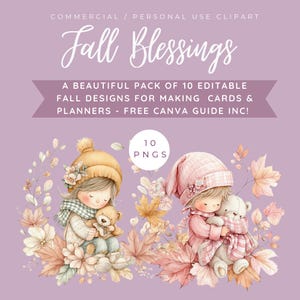 Fall Kids & Teddy Bear Clipart: Autumn PNG Images for Crafts (Digital Download