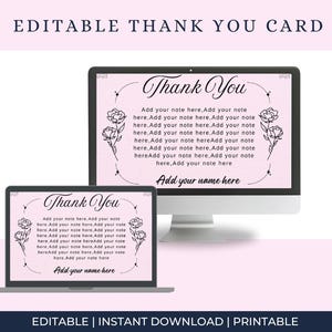 Plantilla de tarjeta de agradecimiento editable de Canva: PDF imprimible para pequeñas empresas, bodas, baby showers y graduaciones. Descarga instantánea y personalizable.
