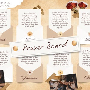 Könnte beinhalten: Eine dekorative Gebetstafel mit beigem Hintergrund, die handgeschriebene Gebete in Umschlägen, Fotos und florale Akzente zeigt. Die Tafel enthält den Text "Prayer Board" und inspirierende Zitate.