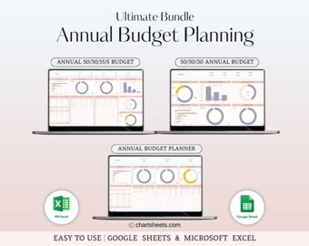 May include: Three laptop screens displaying an Ultimate Bundle Annual Budget Planning spreadsheet. The screens show charts, graphs, and tables labelled Annual 50/30/15/5 Budget, 50/30/20 Annual Budget, and Annual Budget Planner with Excel and Google Sheets icons.