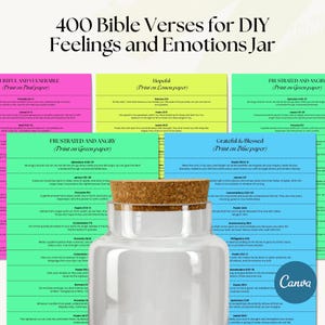 May include: A glass jar with a cork stopper, alongside colourful cards featuring Bible verses. The cards are labelled with emotions such as "Hopeful" and "Frustrated and Angry." The text at the top says "400 Bible Verses for DIY Feelings and Emotions Jar."