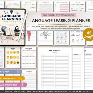 May include: A digital language learning planner with 45 pages, featuring various templates for vocabulary, habit tracking, and goal planning. The planner includes sections for numbers, colors, and emotions, with a tablet display showing the cover page.