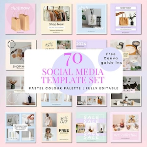 Puede incluir: Un conjunto de 20 plantillas de redes sociales en colores pastel. Las plantillas incluyen imágenes de bolsas de la compra, ropa, bolsos de mano, velas y otros productos. El texto incluye "Shop Now", "2024 Collection", "Sale" y "Free Canva guide inc".