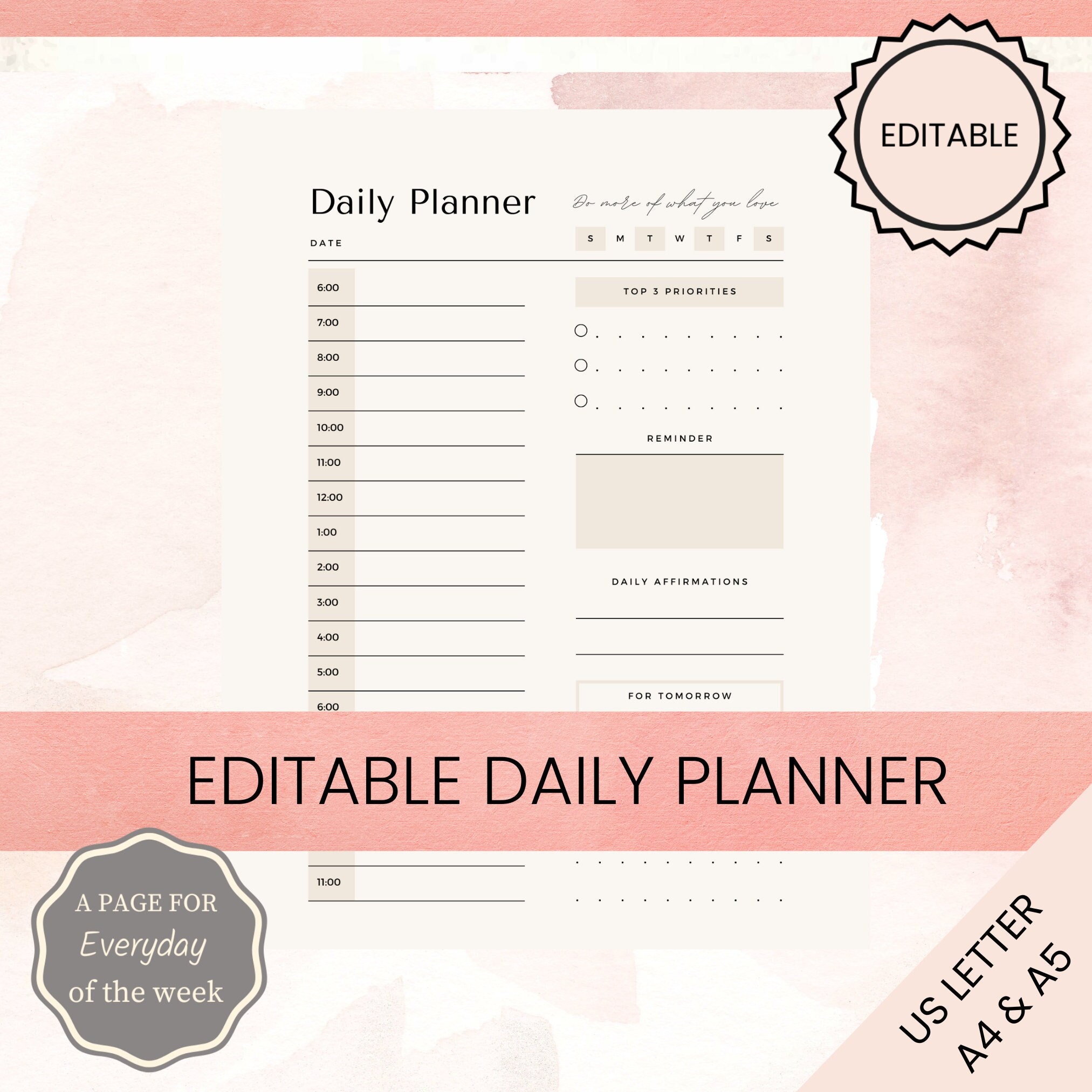 EDITABLE DAILY PLANNER | to Do List | Printable Productivity Day ...