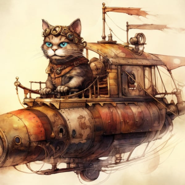 Steampunk Cats Digital Art Collection, Set of 5 Images