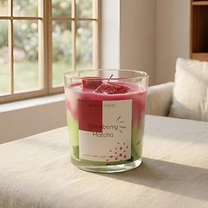 Op de afbeelding: Een geurkaars in een helder glas. De kaars heeft lagen groen, roze en witte was. Het etiket luidt "Strawberry Matcha". Twee rode wasblokjes liggen bovenop. De kaars staat op een tafel bij een raam.
