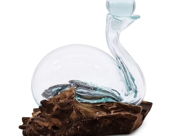 Molten Glass Duck Decanter: Handmade Balinese Barware, Wood Base (19cm)