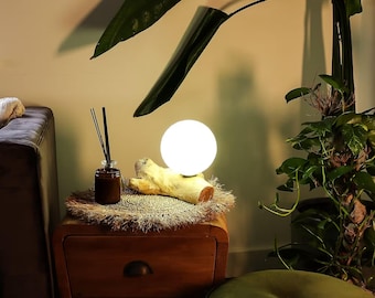 Driftwood Lamp – Handmade Gamel Wood & Cotton Sphere Bedside Light