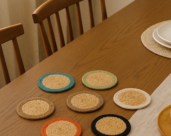 Natural Boho Coasters – Handwoven Jute & Cotton, Eco-Friendly, Sustainable Table Decor, Set of 4