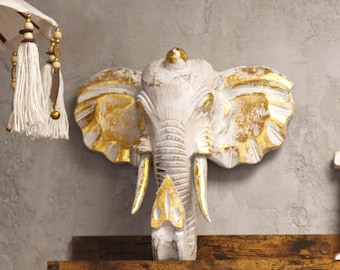 Hand Carved Albesia Wood Elephant Head: Gold & Whitewash Bali Decor