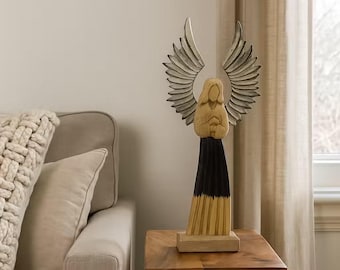 Mango Wood Angel Figurine | Guardian, Peace & Star | Handmade Spiritual Home Decor | Metal Wings
