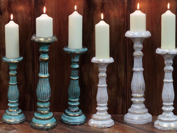 Hand Carved Albesia Wood Candle Stands: Ornate Indonesian Candlesticks