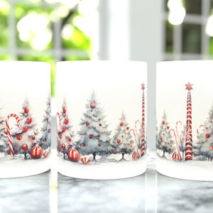 Vintage Christmas Trees & Candy Cane Coffee Mug Wrap, ceramic coffee holiday mug, christmas winter season, perfect gift for christmas lovers