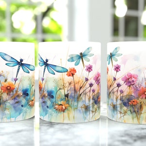 Dragonfly Flower Artistic Floral Coffee Mug Wrap, Acquerello vintage 11oz tazza da caffè in ceramica, regalo perfetto per la natura, la fauna selvatica e il giardinaggio