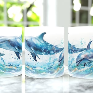 Dolphins Swimming Colorful Watercolor Artistic Coffee Mug, 11oz ceramic coffee mug, perfect gift for ocean wildlife & cute dolphins lovers