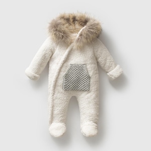 Luxury Sherpa Baby Snowsuit with Faux Fur Hood | Unisex Warm Winter Romper | 3-6-9-12 Months