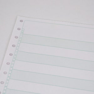 May include: A white sheet of paper with a light green grid pattern and a row of evenly spaced holes along the left edge.