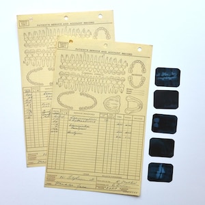May include: Two vintage patient service and account record forms with dental diagrams and handwritten notes. The forms are tan with black text and illustrations. Five dental X-rays are also present.