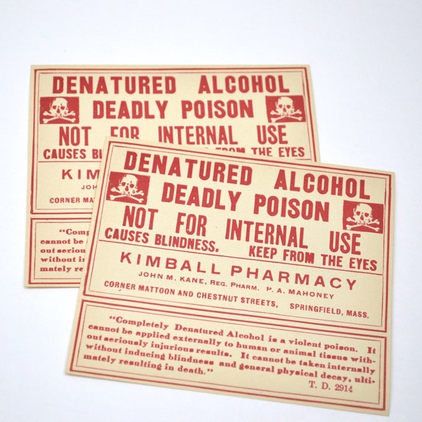 Vintage Pharmacy Label - Denatured Alcohol - Vintage Poison Pharmacy Label - Vintage Ephemera - Kimball Pharmacy