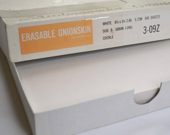 May include: A white box of erasable onionskin paper. The box is labeled "Erasable Onionskin" with the text "25% Cotton Fiber". The box also has the text "White 8 1/2 x 14-2.86 5.72M 500 Sheets", "Sub. 9 Grain Long", "Cockle", and "3-09Z".