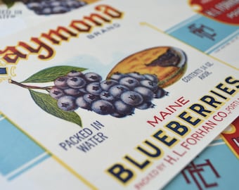 Set of 3 - Vintage Blueberry Labels - NOS - circa 1930's - Vintage Ephemera - Junk Journal - Vintage Can Label - Maine Blueberry Labels