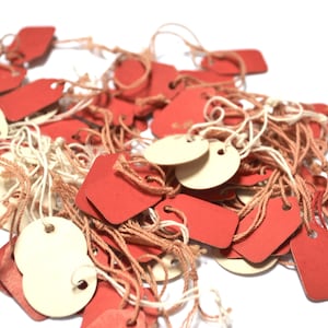 Set of 6 - Vintage Tiny Tags on a string - Red Tag or White Circle - Junk Journal Supplies