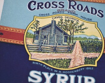 1920's Antique Cross Roads Syrup Label - NOS - W.B. Roddenberry - Vintage Can Label - Kitchen Label Art