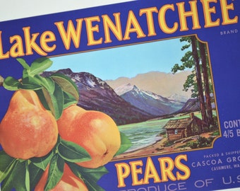 Large Vintage Pear Crate Label - 1940's Schmidt Litho co - NOS - Lake Wenatchee Brand - Farm Ephemera - Litho Crate Label