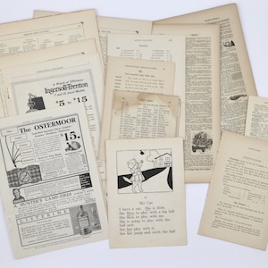 May include: A collection of vintage paper ephemera, including newspaper clippings, magazine pages, and a children's storybook. The pages are yellowed with age and have a worn, antique look. The text on the pages is mostly illegible, but some words and phrases are visible, such as "Ingersoll Trenton" and "The Ostermoor".