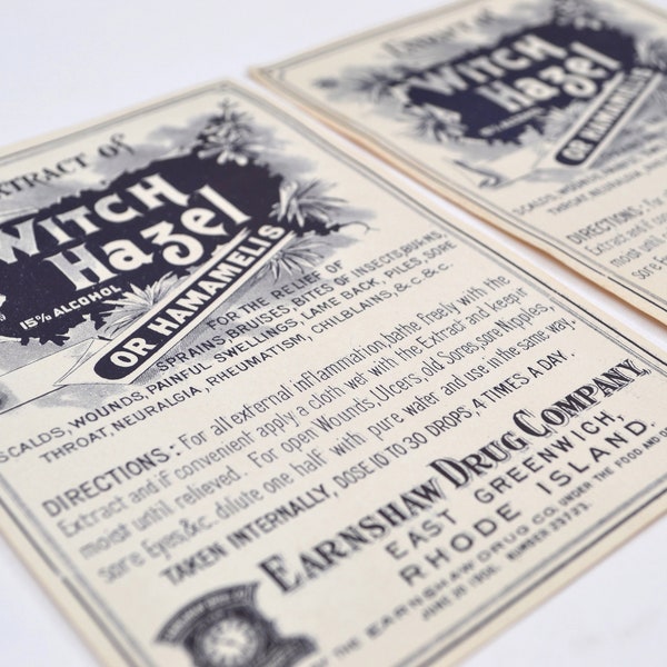 Set of 2 Antique 1906 Witch Hazel Medicine Labels - East Greenwich, RI - Earnshaw Drug Company - Junk Journal - Vintage Ephemera