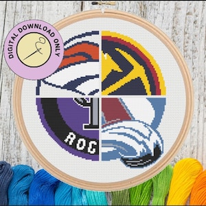 May include: A cross-stitch pattern of four different sports team logos. The logos are for the Colorado Avalanche, Denver Nuggets, Colorado Rockies, and Colorado Rapids. The logos are all in their team colors and are arranged in a circle.