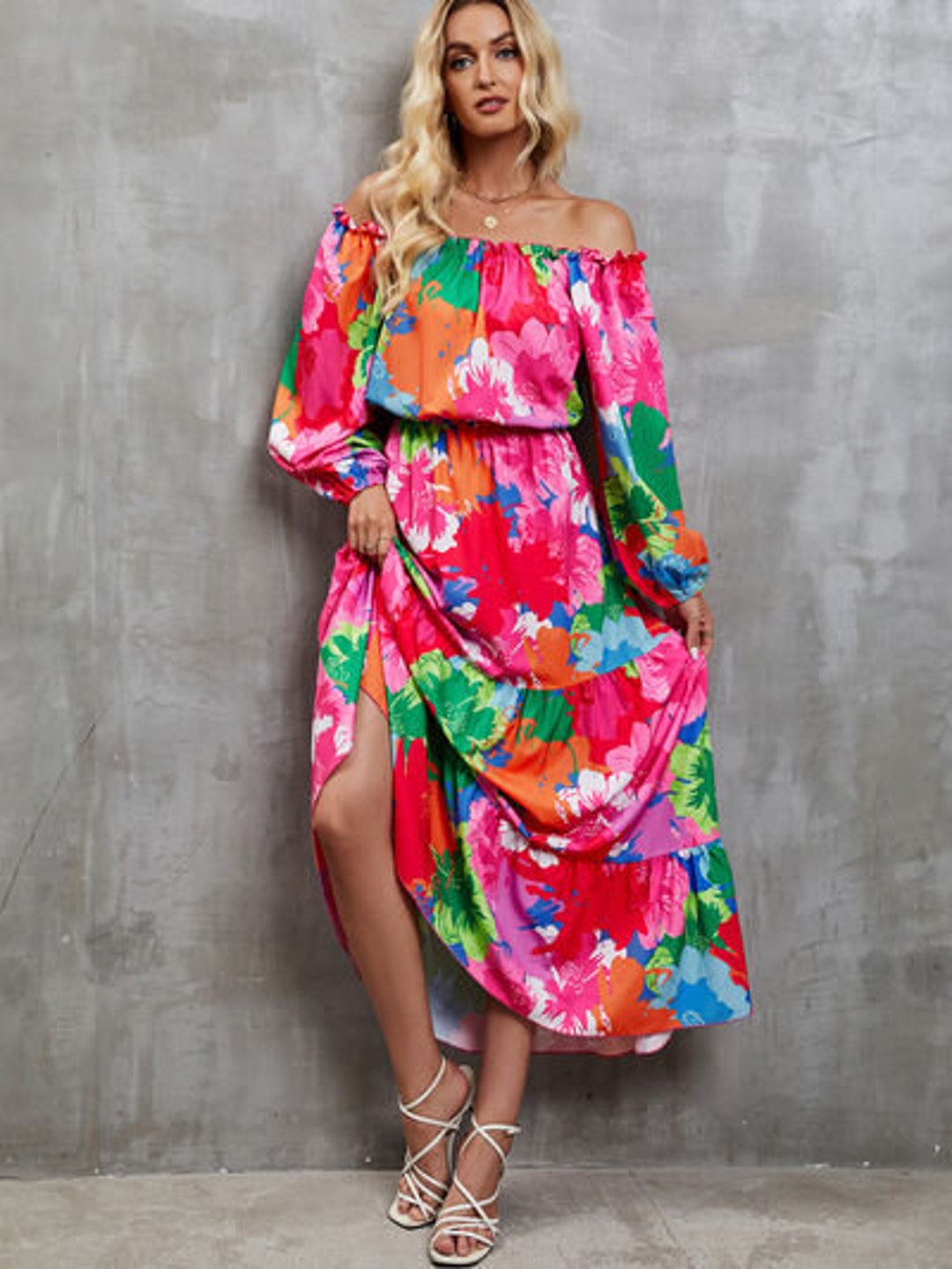 Pre-Order Orange Off Shoulder Balloon Sleeve Cutout Ruffled Maxi Dress main image 1