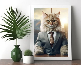 Könnte beinhalten: Ein gerahmter Druck mit einer Katze in einem grauen Anzug und einer gemusterten Krawatte vor einer Stadtkulisse. Die Katze hat flauschiges, hellbraunes Fell und einen ernsten Gesichtsausdruck. Eine grüne Vase mit einem Palmblatt und eine kleine Topfpflanze befinden sich im Vordergrund.
