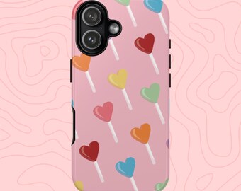 Funda para teléfono con forma de piruleta de corazón / Carcasa resistente rosa para iPhone, Samsung y Pixel