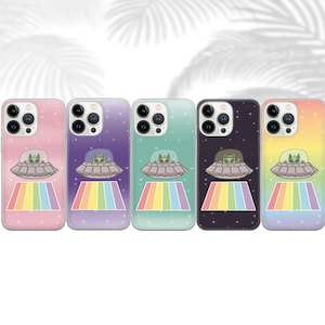 Funda para teléfono con diseño de gato extraterrestre OVNI, diseño kawaii de extraterrestres para iPhone, Samsung y Google Pixel, funda de teléfono con arcoíris pastel, fundas de gel TPU de verano