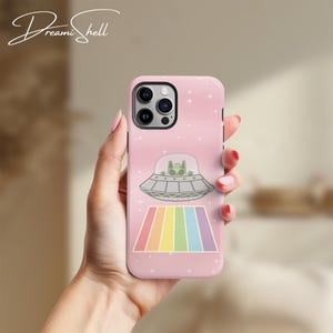 Tough Cute Alien Cat UFO Phone Case, Space Cats Casing for iPhone, Samsung, Google Pixel, Kawaii Aliens Cover, Funny Kitten Meme Phonecase