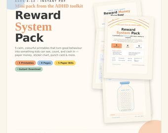 ADHDのお子様向けご褒美システムパック｜印刷可能なお金、ステッカー、パンチカード