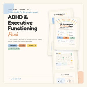 May include: ADHD & Executive Functioning Pack, a toolkit for ages 4-12. The pastel-coloured printables include routines, rewards, and feelings charts. The pack includes 27 printables, 37 pages, and is available in US Letter and A4 sizes.